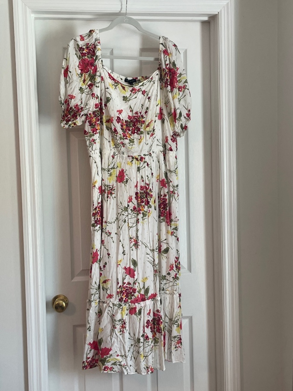 Lane Bryant White Midi Dress with Fuchsia Floral Print and Puff Sleeves